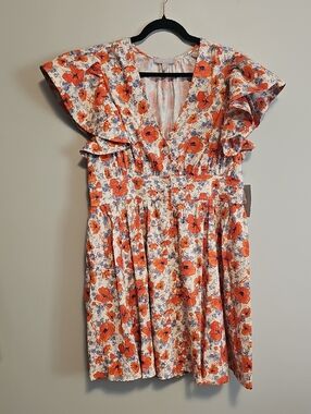 Chelsea28 Lenora Floral V-Neck Dress - Orange & Blue on Cream